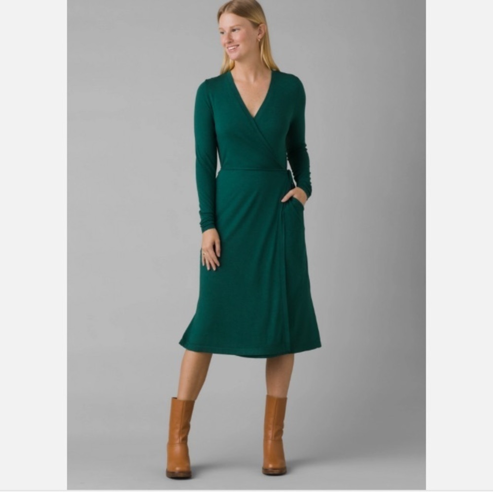 PRANA DEEP PINE HEATHER GREEN FOUNDATION LONG SLEEVE WRAP DRESS 1966871 SZ Large - Picture 2 of 16